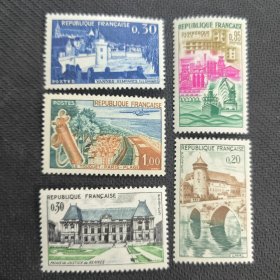FR1法国1962年 雕刻版 旅游风光 名胜建筑 城堡 邮票 5全 新 个别软痕