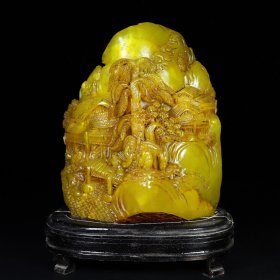 珍藏1寿山石田黄硬料高浮雕深山访友印章摆件，印章净长16.5厘米宽12厘米高21厘米，净重4169克，
