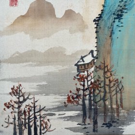 日本近代南画家安田半圃作品，青绿山水图小品，绢本，画心23.8*20