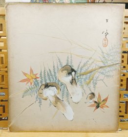 松茸与枫 文峰作品 纯手绘 日本精品色卡 长27cm宽24Cm，旧品，年久。