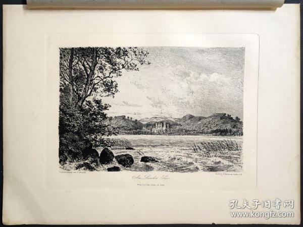 1891年 原创蚀刻凹版画《莱茵河畔之火山口湖》-德国画家、版画家、雕版师 波恩哈德・曼菲尔德(Bernhard Mannfeld)作品、纸张尺寸39x29cm
