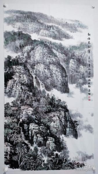 保真书画，中国当代实力派画家，李坤，山水画《细雨花初翠》作品一幅，尺寸：178*96。李坤，男，1961年8月出生，山东省东平县人，中国当代实力派画家，擅山水，花鸟，梅。自幼喜爱绘画艺术，年少时曾系统地学＊了素描、速琮、水粉、水彩、油画、图案设计等西方绘画艺术，后又随指画大家吴成章先生学＊中国画。