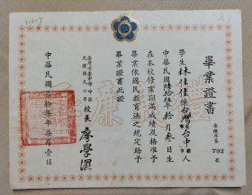 1988年代 臺中市中區光復小學 畢業證書