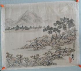 【695】清末民国时期，山水人物图，绢本，尺寸47✘39.5。