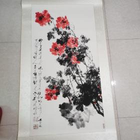 苏州著名书画家一一谭以文，精品花卉立轴133x69㎝ 全新精装裱，真迹，保真。