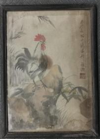 著名画家虚谷 国画一幅 大鸡图 尺寸45x32厘米，老装老裱 原装老镜框，保真！