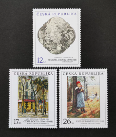 CZECH15捷克共和国2001年馆藏绘画 向玛利亚宣讲/酒吧/养鹅少女 新 3全 大票幅雕刻版外国邮票