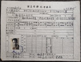 抗战音乐教育史料：民国31年 湖北武昌人 熊永良 毛笔填写 青木关国立音乐院学籍单1张。