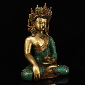 尼泊尔收老纯铜纯手工打造镶嵌宝石彩绘描金释迦摩尼佛祖一尊    重7046克   高35厘米 宽24厘米