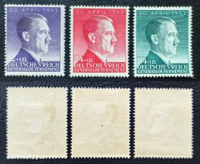 2-349#，德占波兰1943年邮票，人物肖像，54岁生日。3全新，原胶背贴。二战集邮。