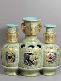 清乾隆 御製洋彩粉青地描金内狩猎图三元转旖瓶