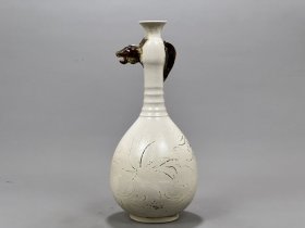宋定窑雕刻花卉纹兽头长颈瓶 古玩古董古瓷器老货收藏