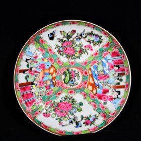 大清康熙年制外销瓷广彩珐琅彩本色真金人物花鸟纹盘 高4.4径22厘米2