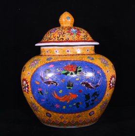 大明宣德年制掐丝珐琅彩花卉鱼纹盖罐，高40×35厘米