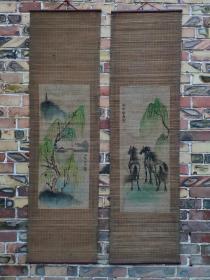 旧藏  手绘国画“柳陰骏马、西湖烟雨”，保存完好，单幅尺寸127/36厘米，品相如图！
