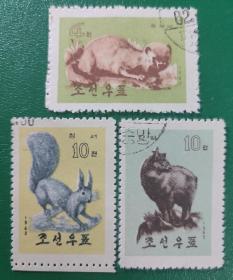 朝鲜邮票1962年野生兽类-黄鼬 短耳兔 青羊 3枚盖