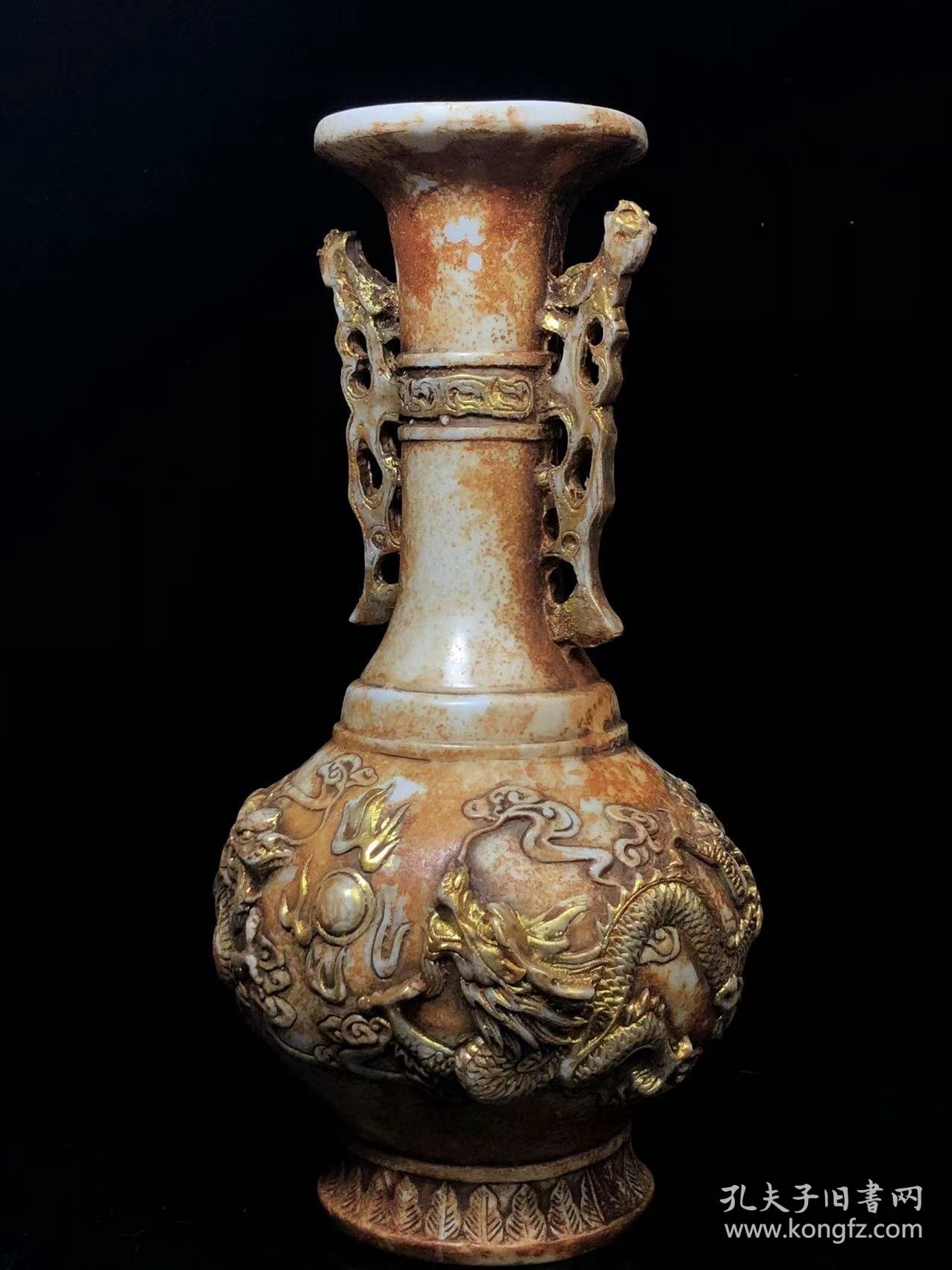 玉瓶一对 雕刻双龙戏珠 鎏金 品相完好如图