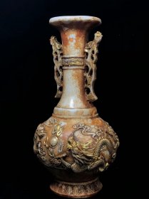 玉瓶一对 雕刻双龙戏珠 鎏金 品相完好如图