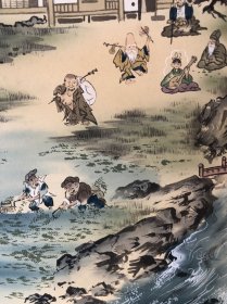 月庵 画311 回流绢本【山水图】畫芯40×105厘米，品相如图完好，绢本绫裱原装原裱，装裱精良，红木类軸頭，值得收藏！