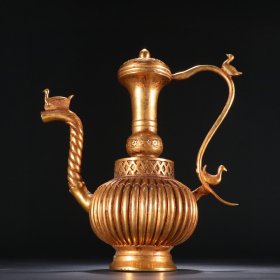 清代 铜鎏金条纹酒壶