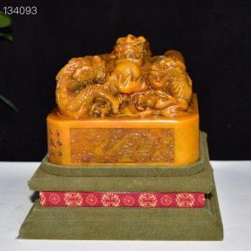 早期收藏 寿山石田黄石三龙戏珠印章 原石原色纯手工雕刻