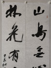 曲朝阳大幅书法对联180×32cm*2《山鸟无心时自语，林花有意解留香》，软片。曲朝阳，中国书法家协会会员，黑龙江省画院研究员，肇东市书法家协会副主席，肇东书画院院长。（保真书画）