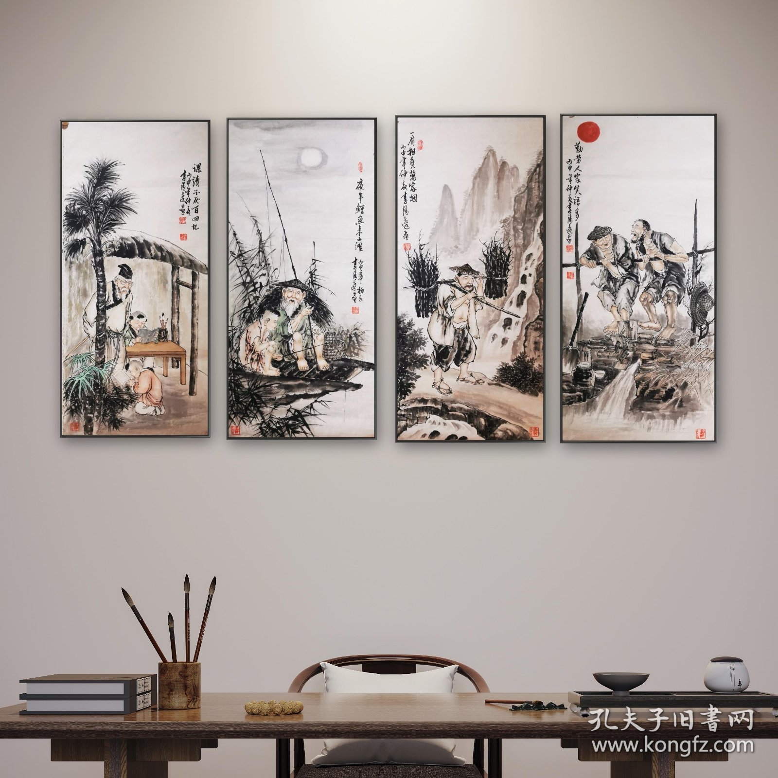 李清达 渔樵耕读 本套为样本随库存发货 4条 每张画心95+43Cm 160+45.5CmX4共4张老顾客特价 之一 人物 三尺 画心保证纯手绘艺术品。除了印刷品，其他情况不支持退 只卖画心。如需画框等其他的私聊 特价