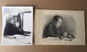 毛主席像和毛主席雕刻版明信片，照片是毛主席在火车上，50-70年代，可见银盐反光
