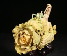 精品.旧藏.雕加彩手工雕刻“百财”白菜摆件