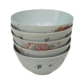 民国茶盏碗手工填金粉彩瓷碗古董瓷器餐具套装摆件