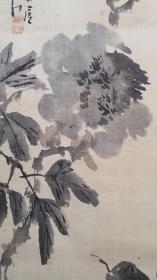 F 292号  南画名家（松林桂月 1876~1963 ）绢本手绘水墨牡丹《富贵国香》 老画新裱！这个牡丹的题材很少见！