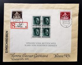 德国1937年实寄封，贴人物肖像小型张1枚、墨尼黑第六届自治城市国际会议2枚。二战邮史，希48岁生日。销德国波恩1937年4月20日邮戳。