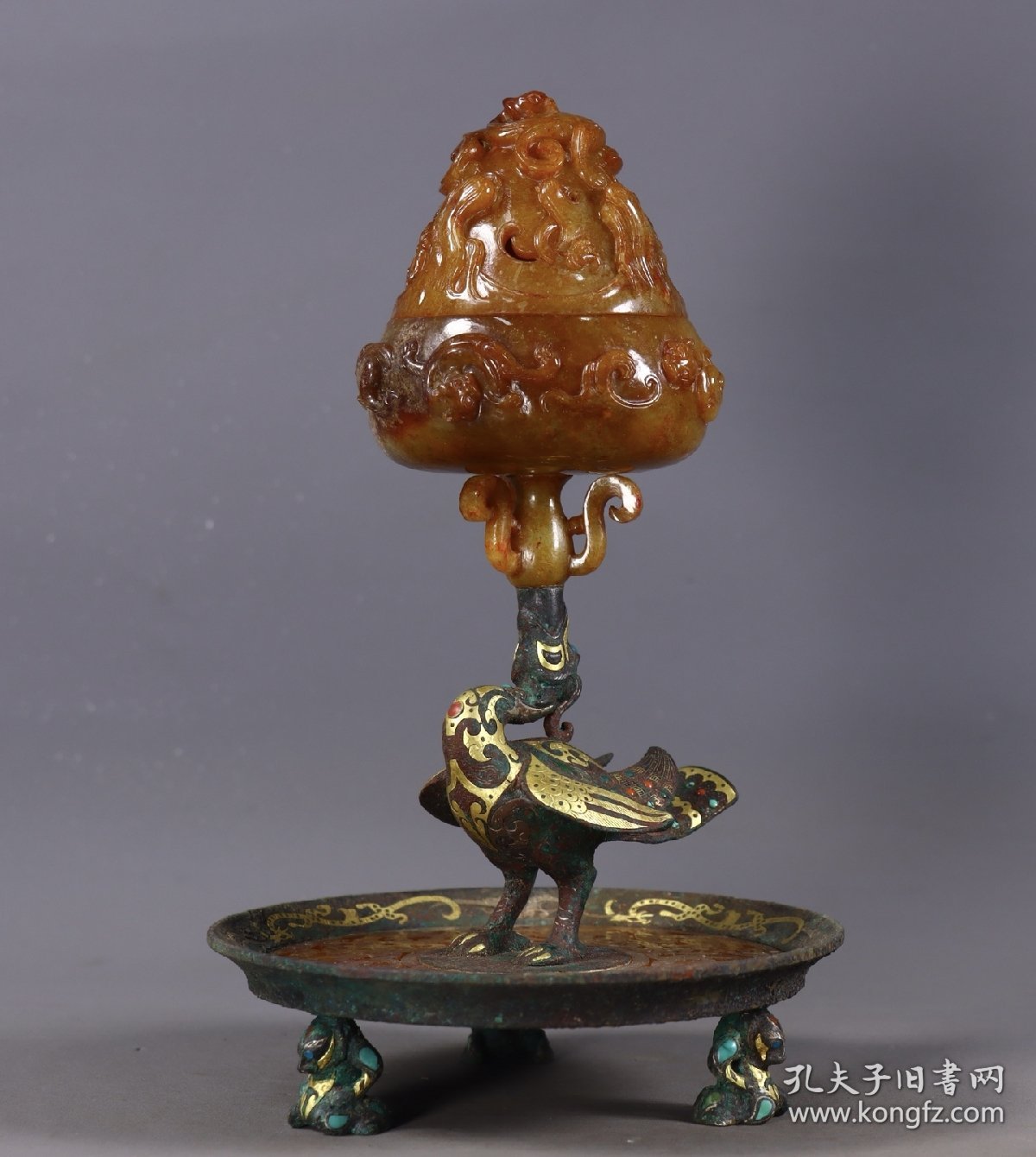 战汉时期铜错金银镶嵌和田玉熏炉高23.5厘米直径14.5厘米重1048克