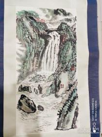 天台山石梁飞瀑，杭州画家祝强画天台山。