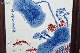 民国王步青花釉里红虾趣图瓷板3x51.5x40.8cm