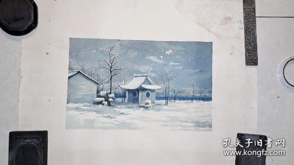 民国周姓西画家w.n.chow。水彩画（林间小路）（古庙冬雪）二大幅，精美漂亮。进口用纸纸左上角有大象头钢印，这种纸是外国进口西画纸，名家专用。可能是大名家。。