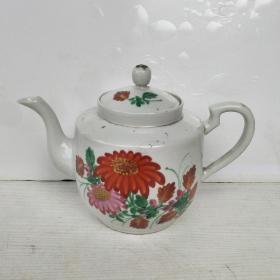 50年代景德镇茶壶手绘花卉五彩瓷壶茶具