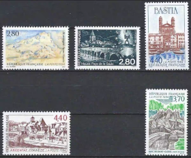 FR2法国邮票 1994 旅游 风光城堡 建筑 桥梁 喷泉 绘画 雕刻版外国邮票 新 5全