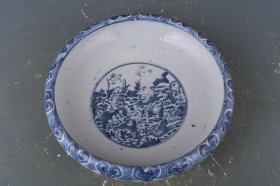 清康熙青花莲池鸳鸯纹洗 8×26厘米