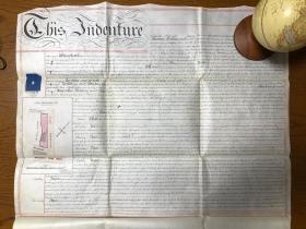 1867年11月15日 双页羊皮纸英文不动产契约 位于米德尔塞克斯郡的新月摄政公园路的所有土地  手绘彩色平面图 巨幅约70*60厘米 整体保存良好 精品