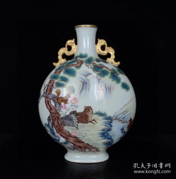 清乾隆珐琅彩智勇双全鎏金扁瓶；40x29厘米