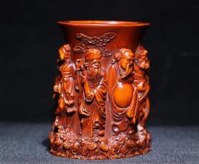 黄杨木精雕八仙笔筒摆件