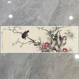 王雪涛 山茶八哥 104x35cm宣纸高清微喷装饰画芯 国画临摹鉴赏范例