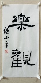杨小立 ，中国书法家协会会员，河南省南阳市书协副秘书长，宛城区书法家协会副主席兼秘书长。男，1972年出生。 入展获奖： “青川木牍杯”首届全国隶书书法大赛中入展(四川省书协)； 2022“中国书法·年展”全国篆书、隶书、篆刻作品展前41名，获得面试考核(中书协)…… 《乐观》，小品一幅。保真，来自作者，17x34cm ，未装裱，附同批作品合影。d7553 。