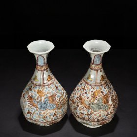 元沥粉描金凤纹八方玉壶春瓶 33*19厘米