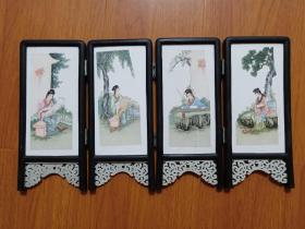 七八十年代出口创汇瓷板画台屏  美女画四条屏