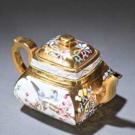 旧藏 紫砂珐琅彩花鸟纹茶壶