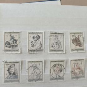 Ox0219外国邮票奥地利邮票1969年 绘画艺术丢勒伦勃朗戈雅拉斐尔勃鲁盖尔 雕刻版 信销 8全 邮戳随机 (没好戳，个别票有折齿等，图二)