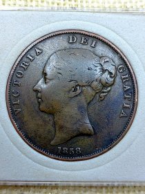 英国1便士大铜币 1858年维多利亚女王 包浆极美品 oz0534-0