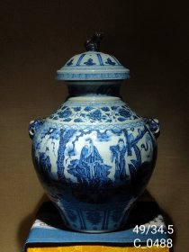 全美品元代顶级青花瓷青花人物虎头盖罐，器型周正、釉水饱满、放大气泡明显！